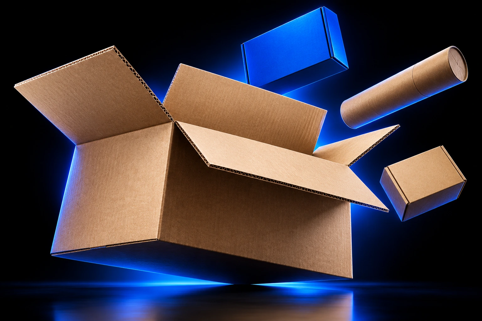 Illustrative Produktinszenierung: große schwebende Versandbox mit elektrischem blauem Licht