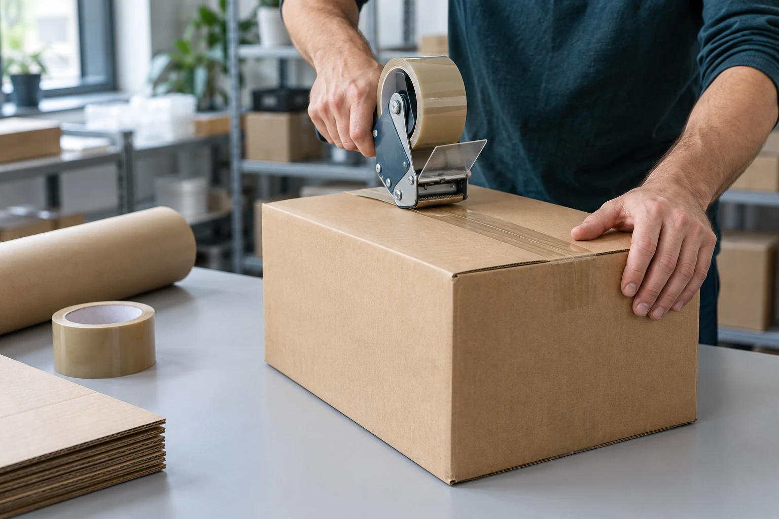 Ein Karton wird am Packtisch mit Klebeband verschlossen