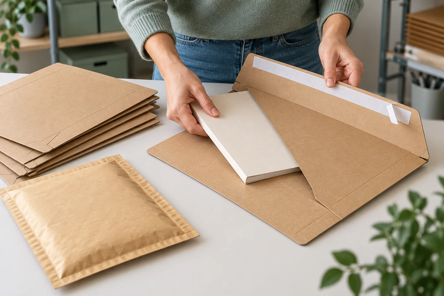 Ein flacher Katalog wird in eine Versandtasche eingelegt