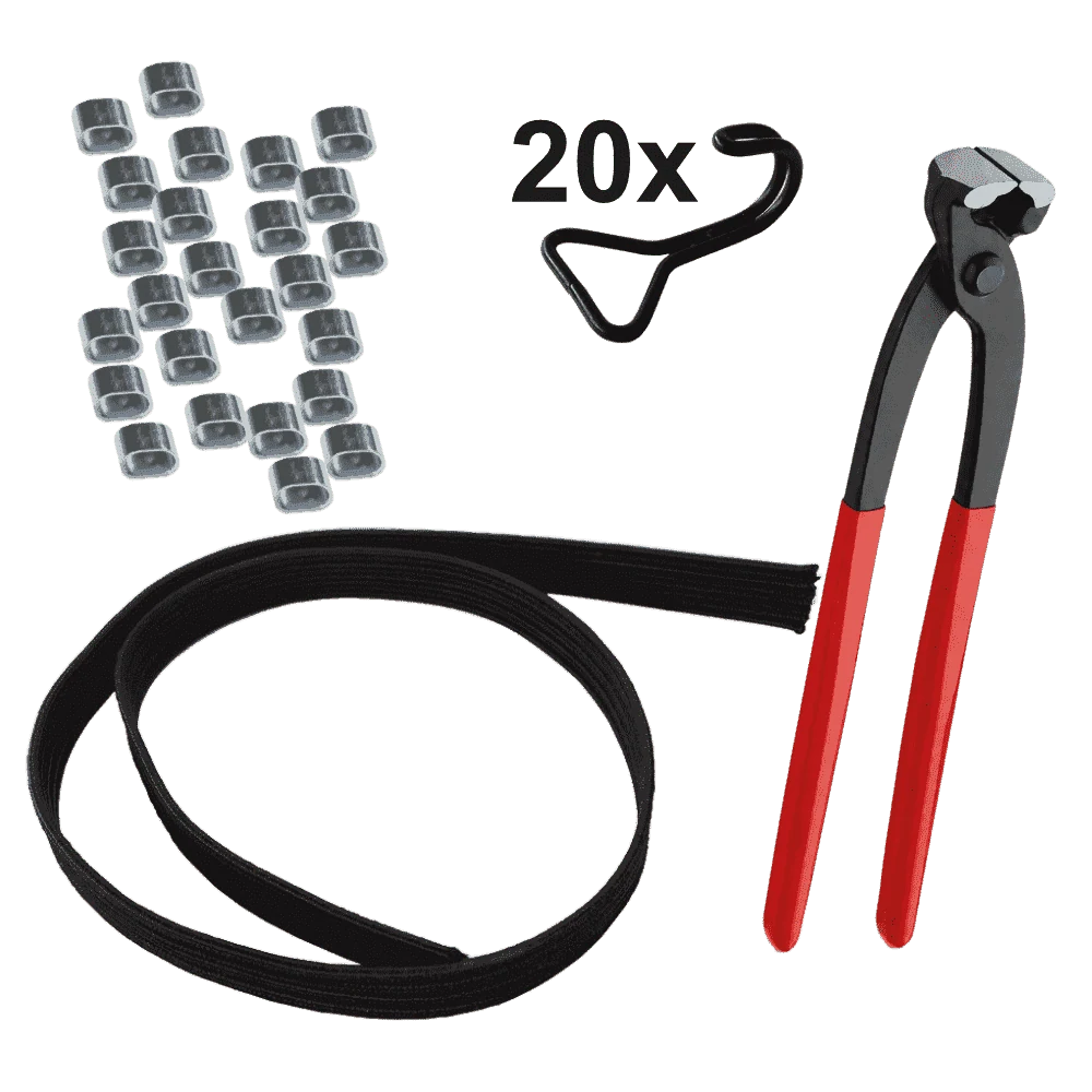 Gummiband mit Haken 22 mm · 10 Meter · 20 Doppelhaken · 25 Würgeklemmen · Zange im SET – Produktabbildung 1