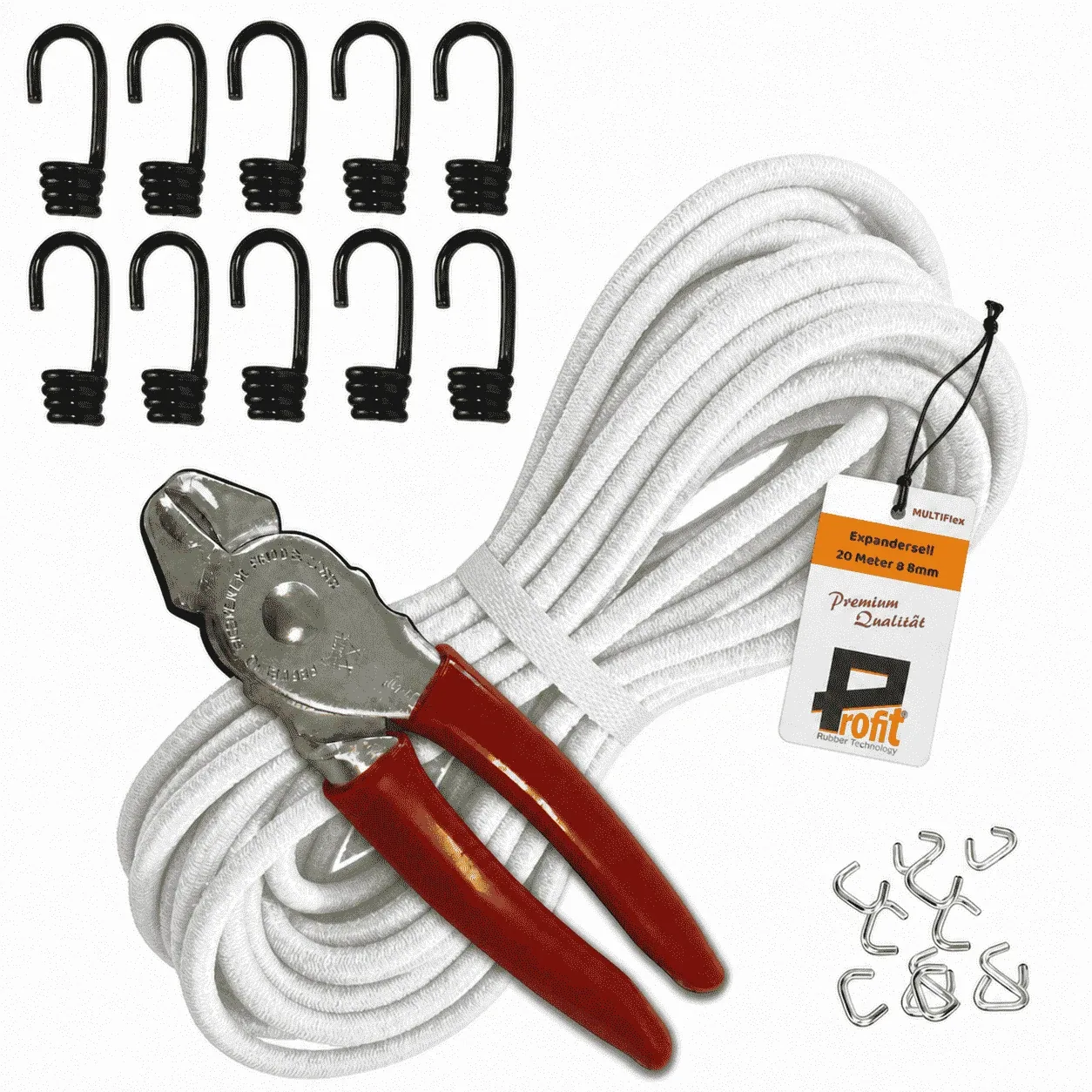 Expanderseil-Set 8 mm · 10 m Weiß · 10 Spiralhaken + 12 Edelstahlklammern + Zange – Produktabbildung 1