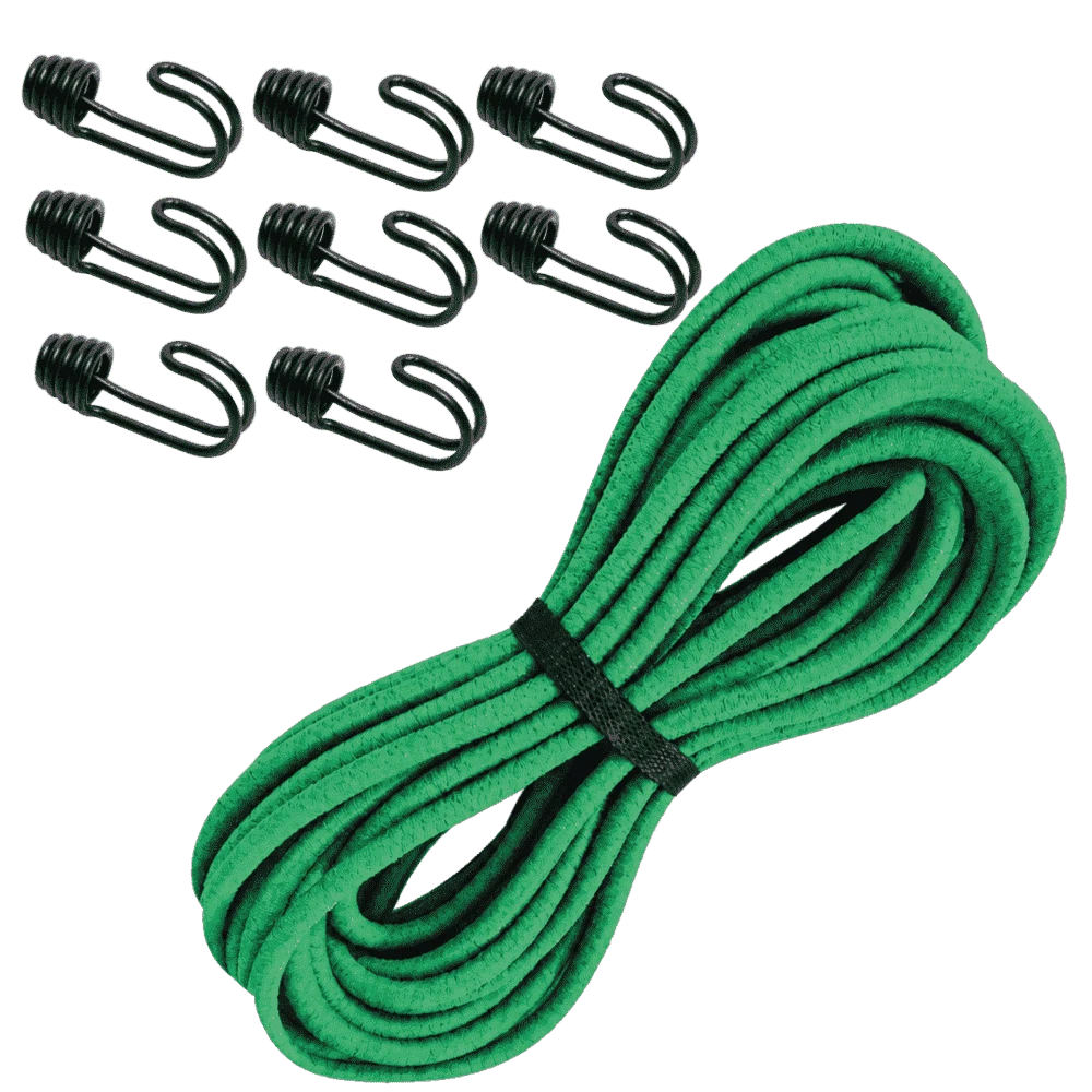 Gummiseil 10 Meter · Seil in ø 8 mm mit 8 Doppelhaken · Gummis im Set Grün – Produktabbildung 1