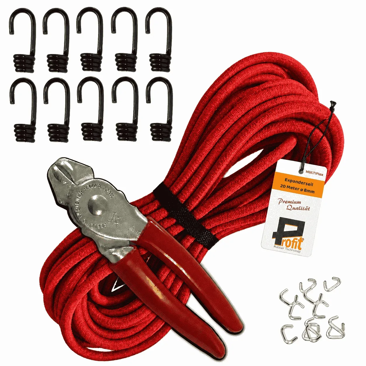 Expanderseil-Set 8 mm · 10 m Rot · 10 Spiralhaken + 12 Edelstahlklammern + Zange – Produktabbildung 1