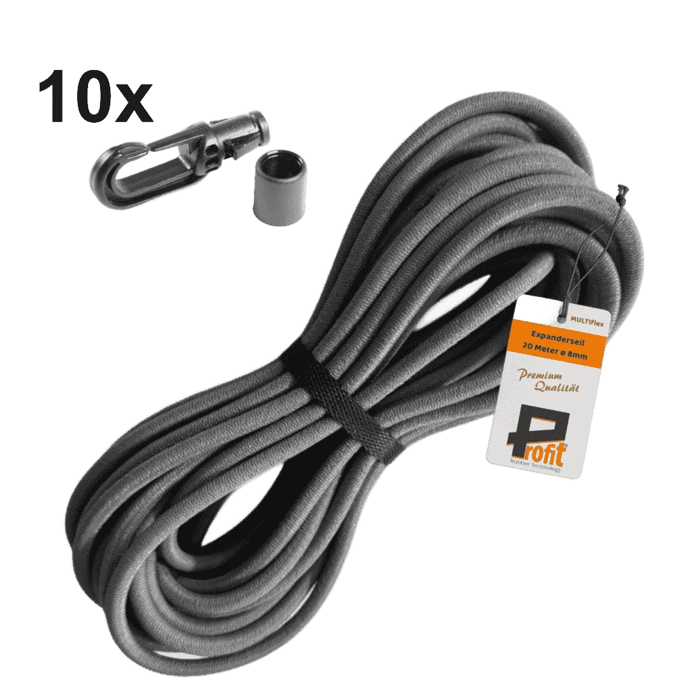 Konfektionsset | SWZSK013 | Ansicht 1 Expanderseil-Set 8 mm · 10 m Grau · 10 Karabinerhaken – Produktabbildung 1