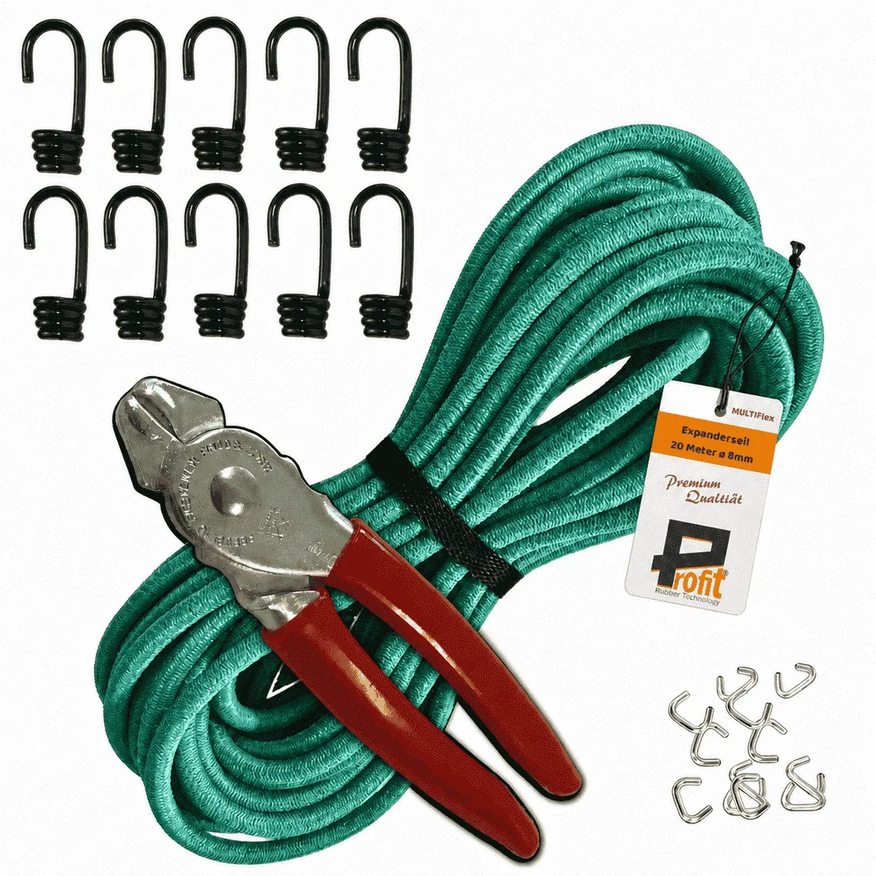 Expanderseil-Set 8 mm · 10 m Grün · 10 Spiralhaken + 12 Edelstahlklammern + Zange – Produktabbildung 1