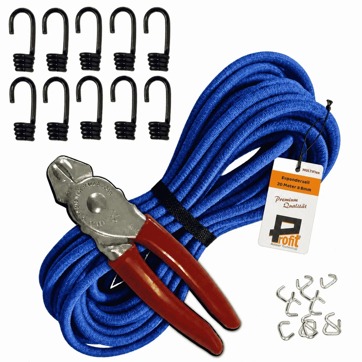 Expanderseil-Set 8 mm · 10 m Blau · 10 Spiralhaken + 12 Edelstahlklammern + Zange – Produktabbildung 1
