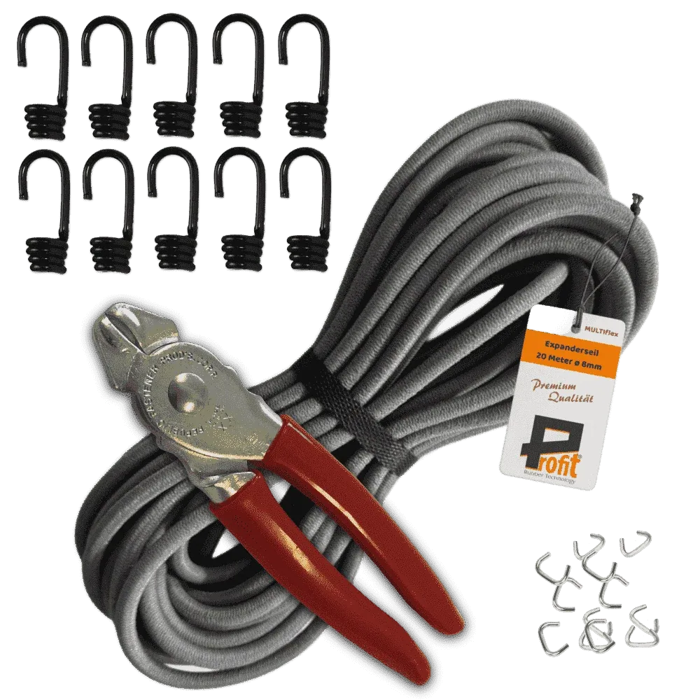 Expanderseil-Set 8 mm · 10 m Grau · 10 Spiralhaken + 12 Edelstahlklammern + Zange – Produktabbildung 1