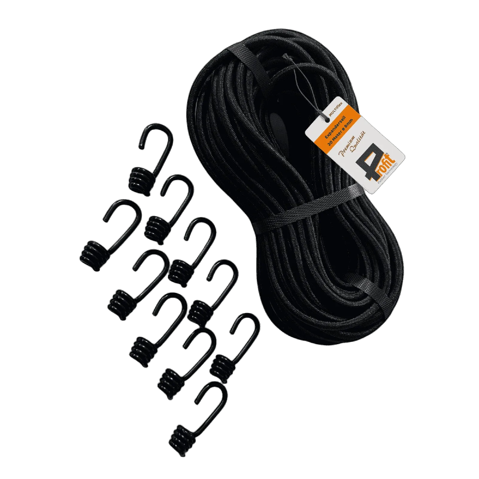 Konfektionsset | PR-EP20-B | Ansicht 1 Expanderseil-Set 8 mm · 20 m Schwarz · 10 Spiralhaken – Produktabbildung 1