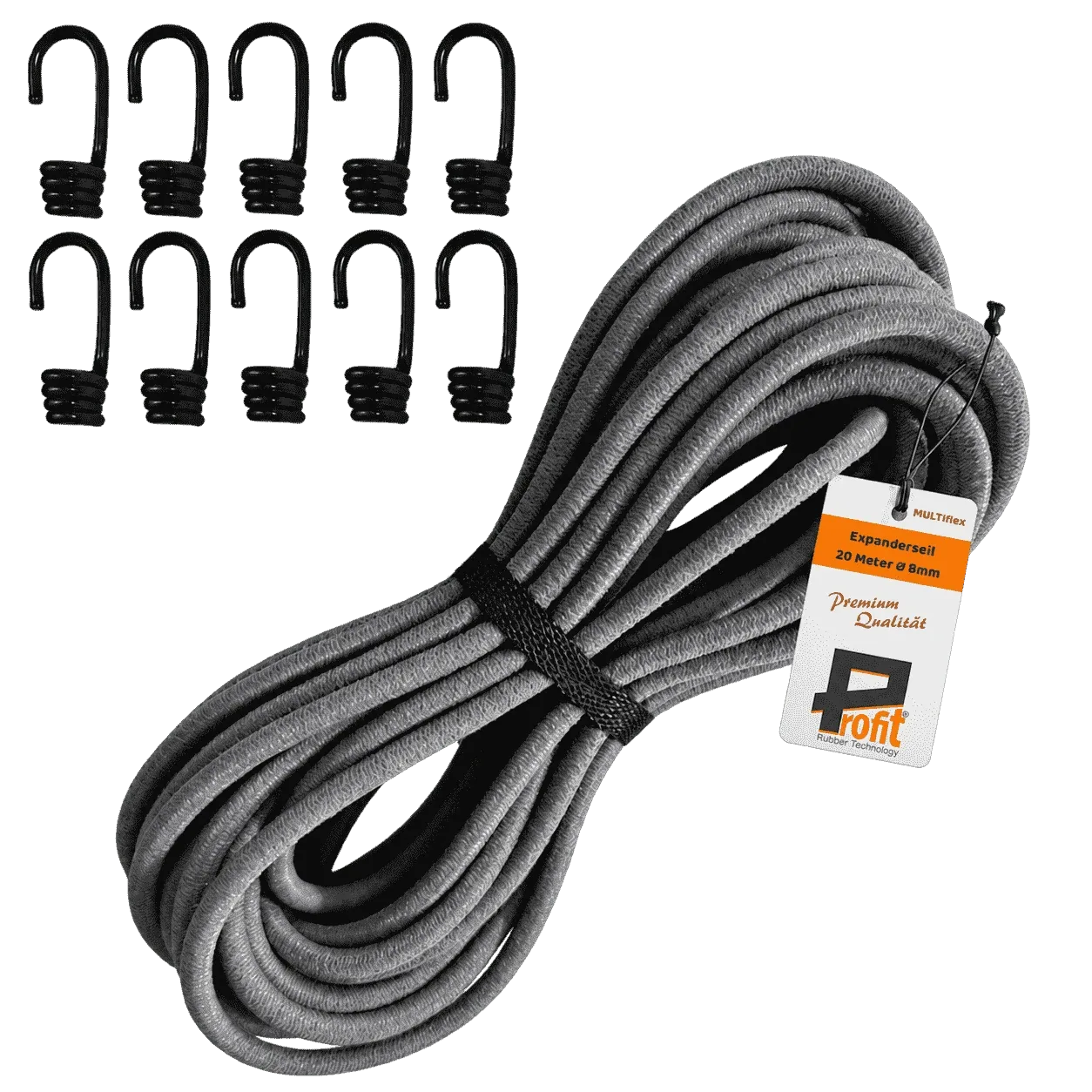Konfektionsset | SWZSK012 | Ansicht 1 Expanderseil-Set 8 mm · 10 m Grau · 10 Spiralhaken – Produktabbildung 1