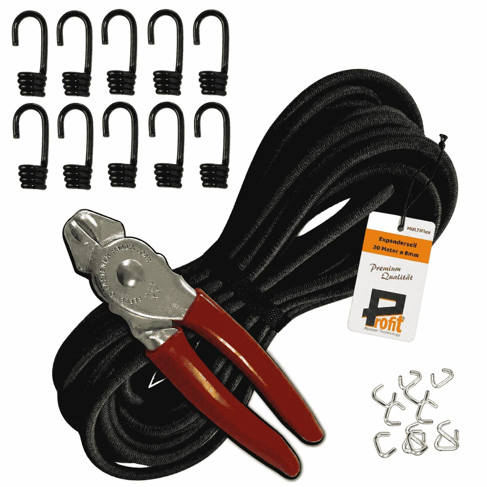 Produktabbildung zu Expanderseil-Set 8 mm · 10 m Schwarz · 10 Spiralhaken + 12 Edelstahlklammern + Zange – Ansicht 1