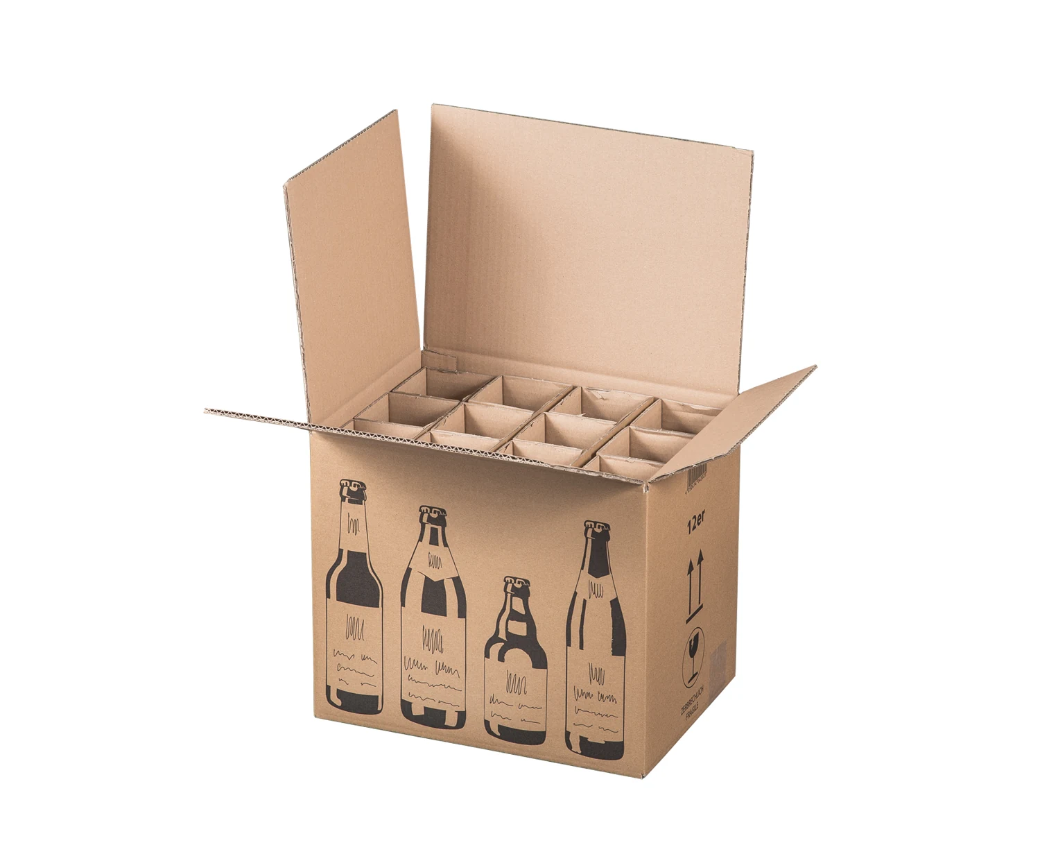 Faltkarton f. 12er Bierflaschen, 353x255x288mm – Flaschen und Getränke passend verpacken – Ansicht 1 Produktabbildung zu Faltkarton f. 12er Bierflaschen, 353x255x288mm – Ansicht 1