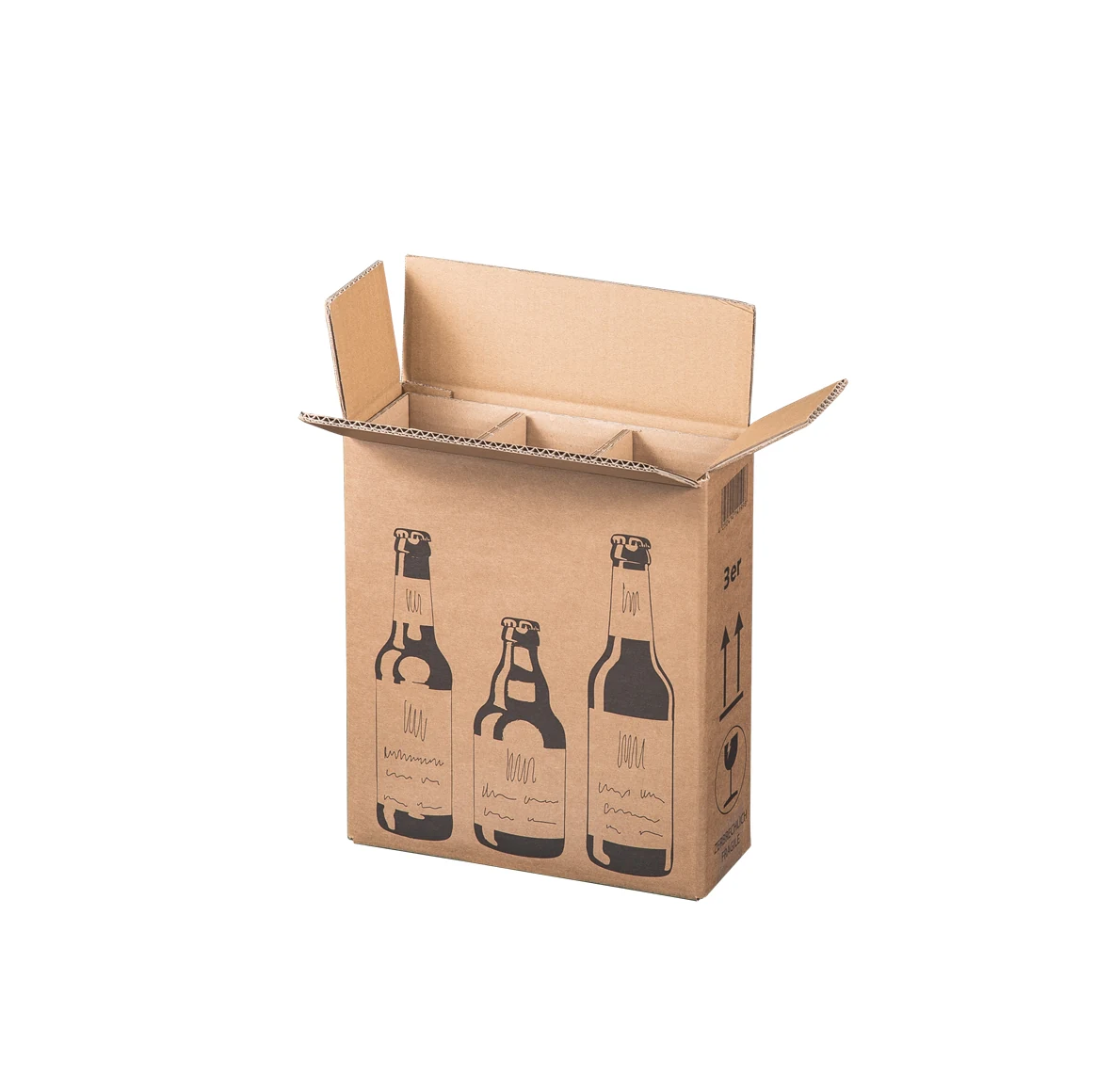 Faltkarton f. 3er Bierflaschen, 255x88x288mm – Flaschen und Getränke passend verpacken – Ansicht 1 Produktabbildung zu Faltkarton f. 3er Bierflaschen, 255x88x288mm – Ansicht 1