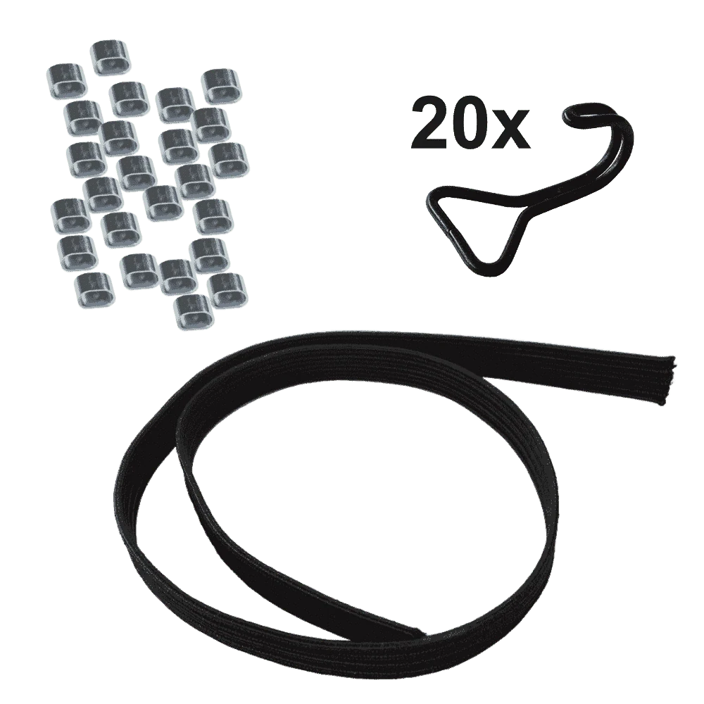 Produktabbildung zu Gummiband · 22 mm Flachband 10 Meter · 20 Doppelhaken · 25 Würgeklemmen im Bundle – Ansicht 1
